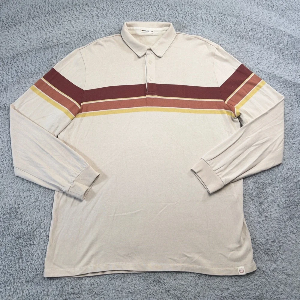 Marine Layer Polo Shirt Mens L XL Tan Long Sleeve Retro Stripe Cotton Modal Soft